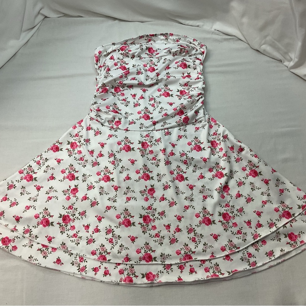 Shein Women's Strapless White and Pink Floral Dress, Size S Sundress Party